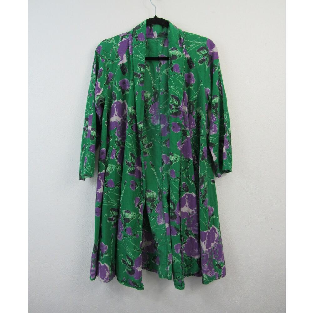 Patricia Field Green Purple Floral  Swing Jacket Robe Topper SATC Silk Cotton